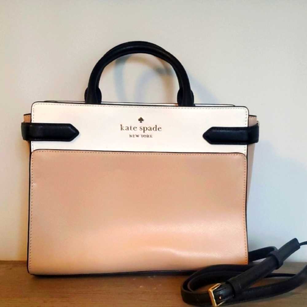 Kate Spade Cream and White Structured Satchel with Black Accents